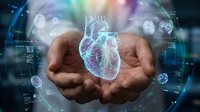 Hands holding glowing holographic heart with medical scan data and digital health interface, representing cardiology, healthcare technology, and heart disease diagnosis.