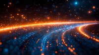 Glowing orange and blue light trails forming curved paths against dark starry background, creating futuristic digital network visualization.