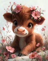 Young brown highland cow calf with big eyes wearing pink flower crown amid blooming cosmos flowers in soft pastel garden setting, digital art style illustration.