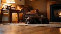 Cozy living room interior with dark dog resting on rug near leather armchair and fireplace creating warm homey atmosphere for relaxation and comfort.