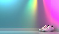 Pink sneakers on reflective surface against vibrant holographic gradient wall background with cyan, green and magenta colors creating modern minimalist scene.