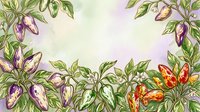 Botanical illustration of purple and red flowers with green foliage arranged as a decorative border frame on isolated white background, suitable for design projects.