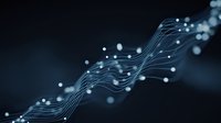 Flowing digital wave pattern with glowing nodes and connecting lines on dark blue background creates modern technology network visualization.