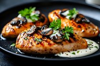 Grilled chicken breast with sauteed mushrooms and cream sauce on black plate, garnished with fresh parsley. Close up view of juicy meat with golden crust.
