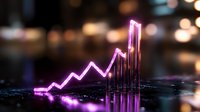 Glowing neon pink financial chart and bar graph on dark reflective surface with bokeh background shows business growth and market analysis data visualization.