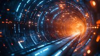 Abstract digital tunnel with glowing blue and orange light streaks creating futuristic perspective. Dynamic motion effect with bright illuminated circular patterns.