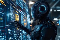 Futuristic robot analyzing digital data on transparent screens in dark environment with blue technological interface and holographic displays.
