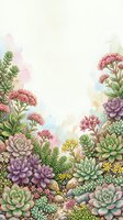 Watercolor succulent garden frame with pink flowers and green plants on cream background for wedding invitations and botanical designs.