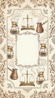 Vintage coffee brewing equipment and scales frame with ornate baroque border and blank space for text on beige background.