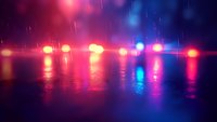 Colorful police car emergency lights reflecting on wet road surface during night rain, creating vibrant red and blue illumination.