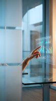 Businesswoman touching holographic data analytics display with financial charts and graphs in modern office environment with glass windows and natural light.