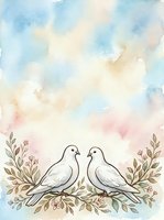 Pair of doves perched on decorative botanical branches with watercolor wash background in soft pastels, suitable for wedding invitations and greeting cards.