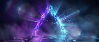 Futuristic digital energy collision with purple and cyan lightning bolts creating explosive light effects over geometric grid surface in dark space.