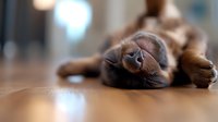 Sleeping brown cat lying on wooden floor in relaxed pose with blurred background, nose close-up. Cozy home atmosphere with natural lighting.