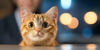 Ginger cat with big curious eyes looking up against blurred bokeh lights background, close-up portrait showing innocent expression and attentive ears.