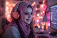 Young Middle Eastern woman in hijab wearing headphones smiles while working at computer setup with pink bokeh lights creating cozy gaming or streaming atmosphere.