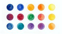 Watercolor paint circles in vibrant blue, yellow, orange, green, purple and pink tones arranged in rows on white background for design and creative projects.