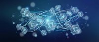 Digital healthcare network with medical icons connected by glowing lines on blue background for telemedicine and health technology applications.