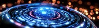 Futuristic digital technology interface with glowing blue circular elements against dark background with bokeh lights.