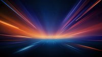 Futuristic light trails creating perspective on dark background with orange and blue neon streaks converging to horizon point, abstract speed motion effect.