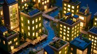 Miniature green city model with solar panels, glowing windows, rooftop gardens, and a river, showcasing sustainable urban planning concepts.