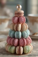 Colorful macaron tower with pastel pink, cream, mint, and peach cookies stacked in pyramid shape, topped with gold pearl, served at elegant dessert table.