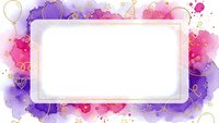 Watercolor frame with purple and pink splashes, gold confetti and balloons on white background for party invitations and festive designs.