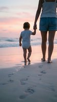 Mother and toddler walking hand in hand on beach at sunset with footprints in sand, family vacation bonding moment for parenting and travel concepts.