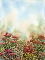 Watercolor autumn garden border with succulents and flowering plants on soft pastel background for seasonal design projects.
