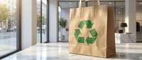 Brown paper shopping bag with green recycling symbol on modern store floor promoting sustainable eco-friendly retail and environmental responsibility.