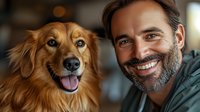 Cheerful mature Caucasian man with gray beard and his friendly golden retriever dog smiling at camera. Close up portrait showing bond between pet owner and companion.