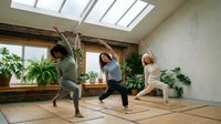 Three diverse women practicing yoga warrior pose in bright modern studio with skylights and plants creating peaceful wellness atmosphere.