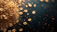 Golden oats and flour scattered on dark background with magical bokeh light effect, creating dramatic contrast for food photography and culinary design.