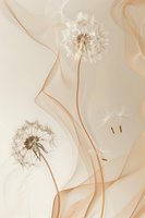 Delicate dandelion seeds floating on gentle beige waves create ethereal composition with soft flowing lines and natural movement. Elegant botanical art for wall decor.