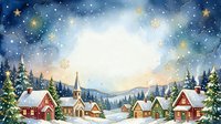 Snowy winter village with red cottages, church steeple, evergreen trees, and golden starlight creating a festive holiday scene for seasonal greeting cards and decorations.