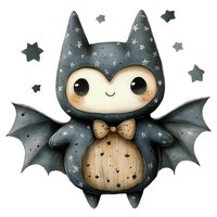 Cute cartoon bat character with star pattern, bow tie, and big eyes on white background surrounded by star shapes.