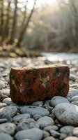 Weathered red brick resting on smooth river stones with soft sunlight filtering through forest trees creating peaceful natural scene for construction themes.