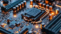 Macro view of computer motherboard with CPU socket and electronic components illuminated by warm orange lighting showing modern technology details.