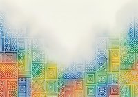 Geometric pattern with colorful nested squares and diamond shapes in blue, green, yellow, orange and red tones arranged symmetrically on light background. Seamless tile design.