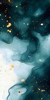 Abstract fluid art in deep teal and white with golden sparkles and stars creating ethereal cosmic atmosphere. Luxury marble effect for wall decor and phone cases.