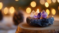 Glowing candle on raw amethyst crystal holder against blurred golden bokeh lights, creating magical atmosphere on wooden surface. Perfect for spiritual decor.