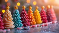 Colorful meringue Christmas trees in vibrant hues of blue, red, orange, and yellow with star toppers, arranged in a festive row against blurred holiday lights.