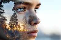 Creative double exposure portrait combining female face profile with sunset forest landscape, soft dreamy atmosphere shows connection between human and nature.
