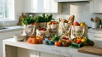Fresh organic produce in reusable eco-friendly bags on modern kitchen counter. Sustainable grocery shopping concept with fruits and vegetables.