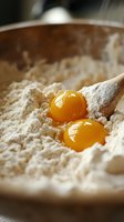 Fresh raw egg yolks in white flour with wooden spoon, macro shot showing baking ingredients preparation for homemade pasta or pastry dough.