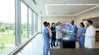 Medical team analyzing holographic brain scan in modern hospital conference room for neurological diagnosis and treatment planning.