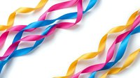 Colorful twisted ribbons in pink, blue and yellow flowing across white background. Festive decoration elements for celebrations and party designs.