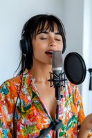 Young Asian woman in colorful floral shirt singing into professional microphone with headphones in recording studio, eyes closed with passionate expression.