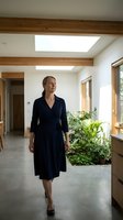 Middle-aged Caucasian woman in navy wrap dress walking through modern hallway with skylights, wooden beams, and potted plants. Interior design and home decor.