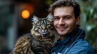 Young Caucasian man in blue jacket holding fluffy Maine Coon cat outdoors. Close up portrait of pet owner and feline companion with natural bokeh background.